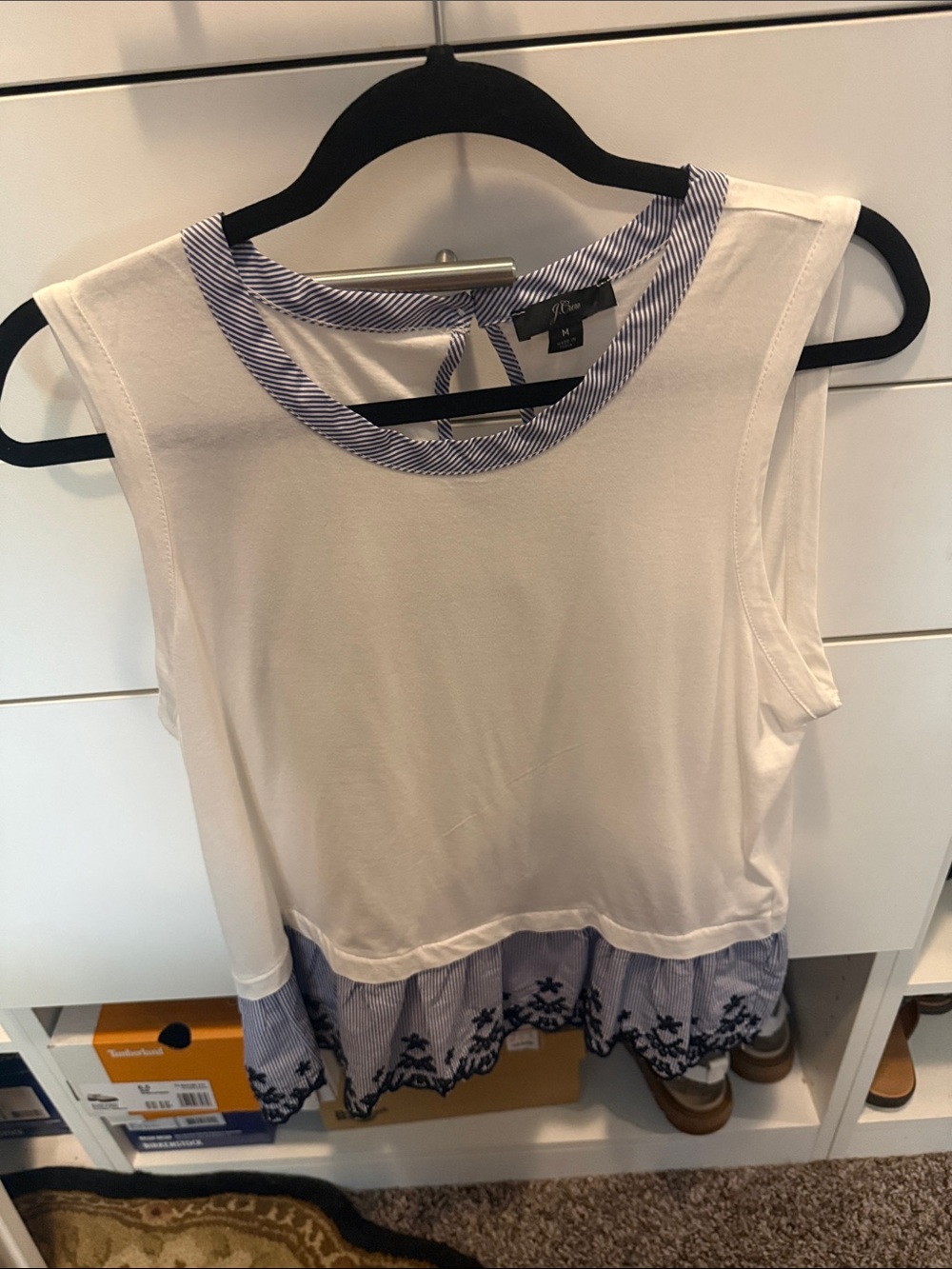 J. Crew White Tank Top with Blue Striped Trim and Embroidered Hem